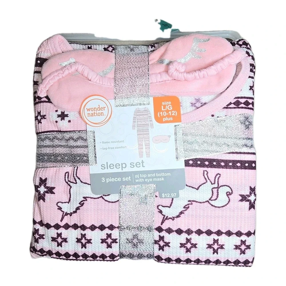 Girls Unicorn 3 pc Sleep Set Pajama Pant Top Mask Pink Large 10/12 Plus‎